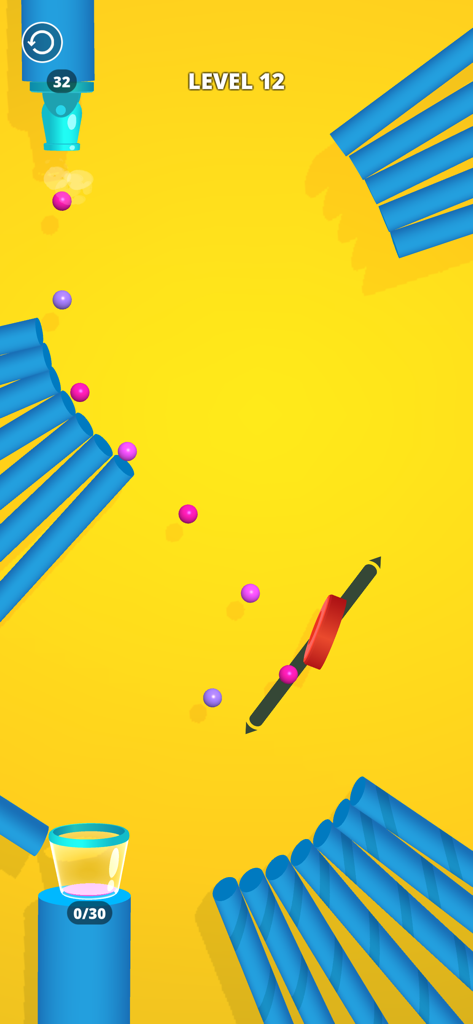 Cannon Shot! - Cannon Shot level 12 gameplay showing colorful balls bouncing off pipes and obstacles into a glass bucket