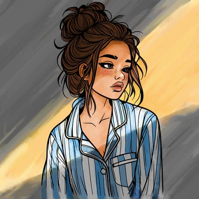 realistic woman with pajamas on and a messy bun