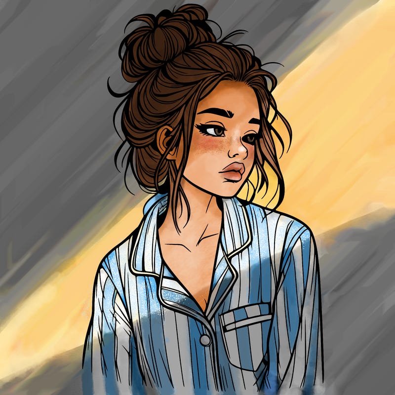 realistic woman with pajamas on and a messy bun