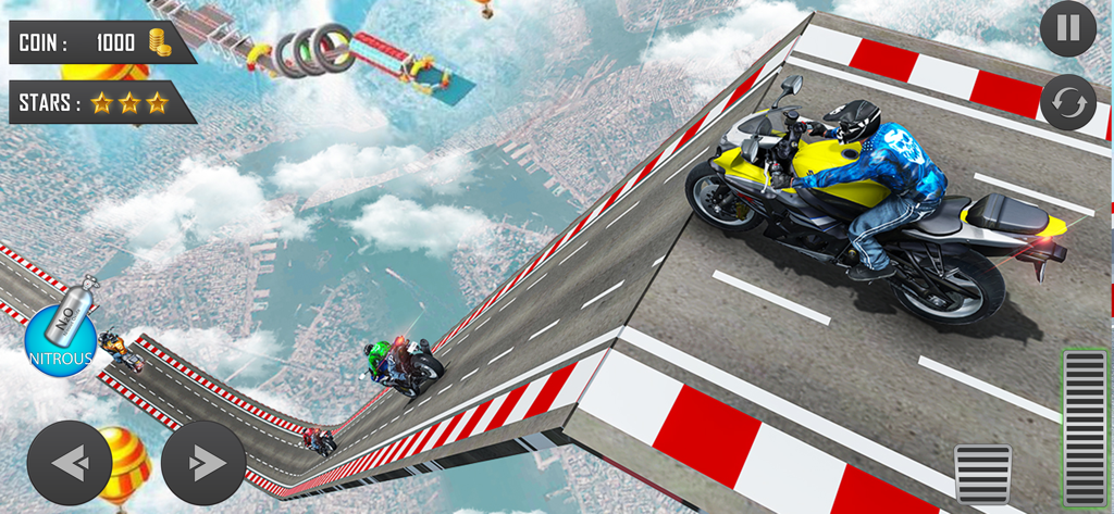 Xtreme MotorBikes Racing Games - A motorcycle rider performing stunts on a high altitude mega ramp overlooking a city