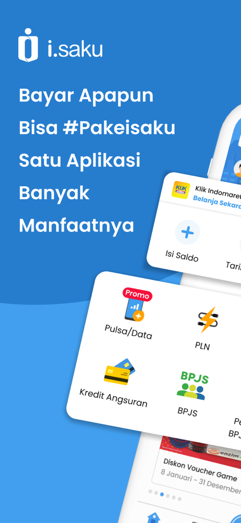 Dashboard of i.saku mobile wallet app showing Indonesian payment services including mobile data electricity and social security