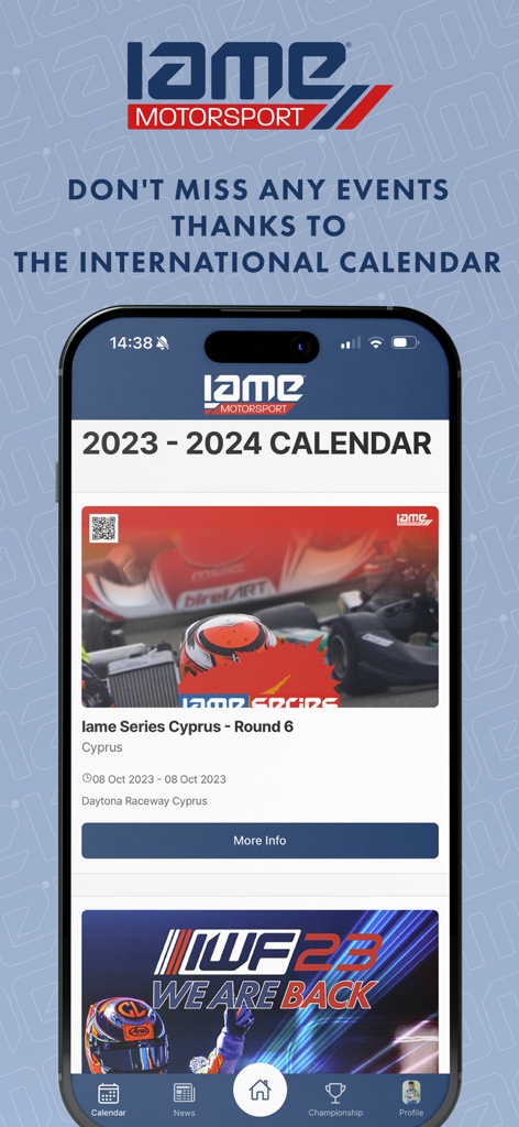 IAME Motorsport - IAME Motorsport app displaying the international kart racing calendar for 2023 and 2024