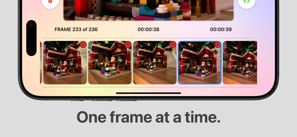 Stop Motion Stitcher - Stop Motion Stitcher app interface showing a sequence of LEGO animation frames