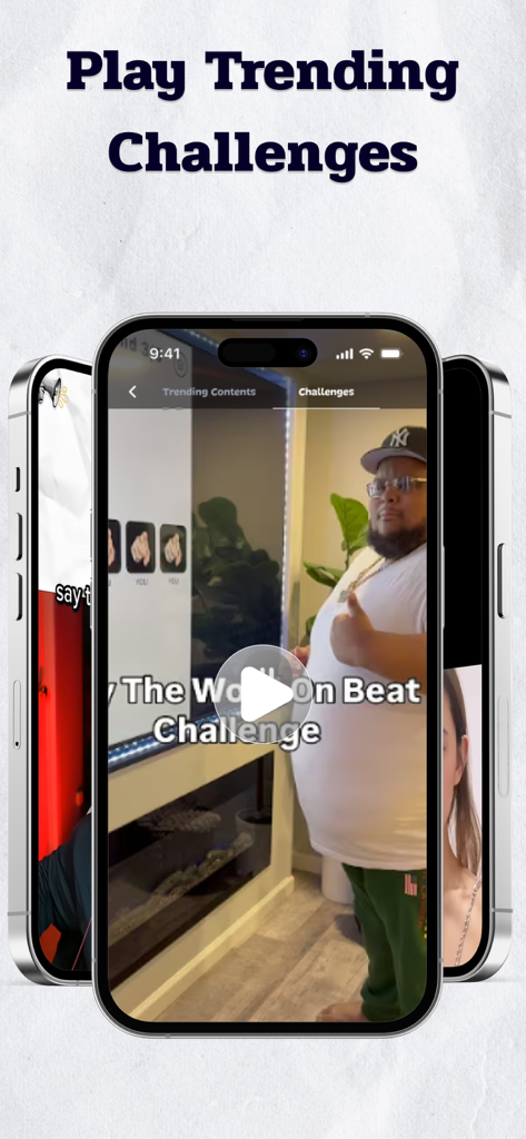Interface showing trending viral rhythm challenges in the Say The Word On Beat app.