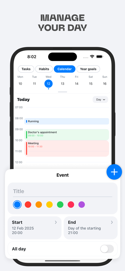 Vista de calendario de la aplicación MyLife que muestra un horario diario con tareas y una ventana emergente de creación de eventos.