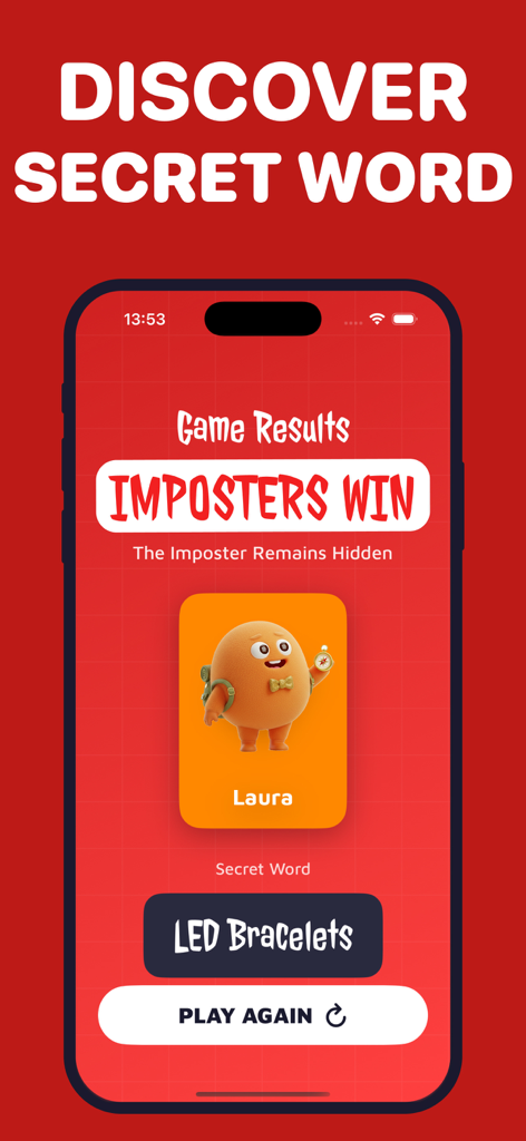 Imposters Game — Bluffit - Pantalla de resultados del juego Bluffit mostrando la victoria del impostor y la palabra secreta