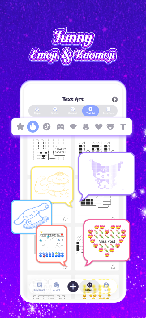 V Keyboard - DIY Themes, Fonts - Interface of the V Keyboard app showing a variety of funny text art kaomoji and emoji characters