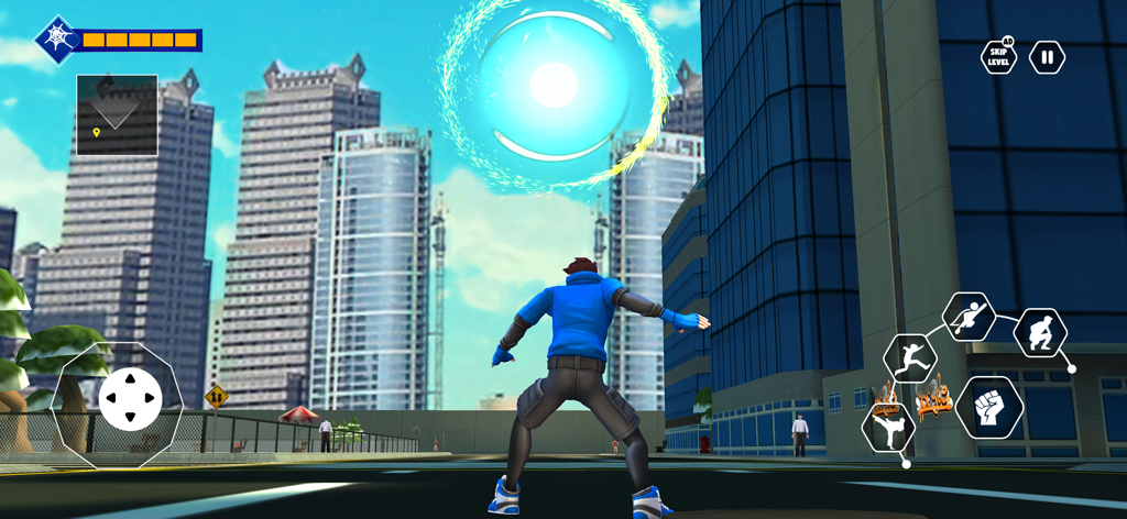 The 3D Superheroes Grand Fight - A 3D superhero standing on a city street facing a large glowing energy portal in the sky.