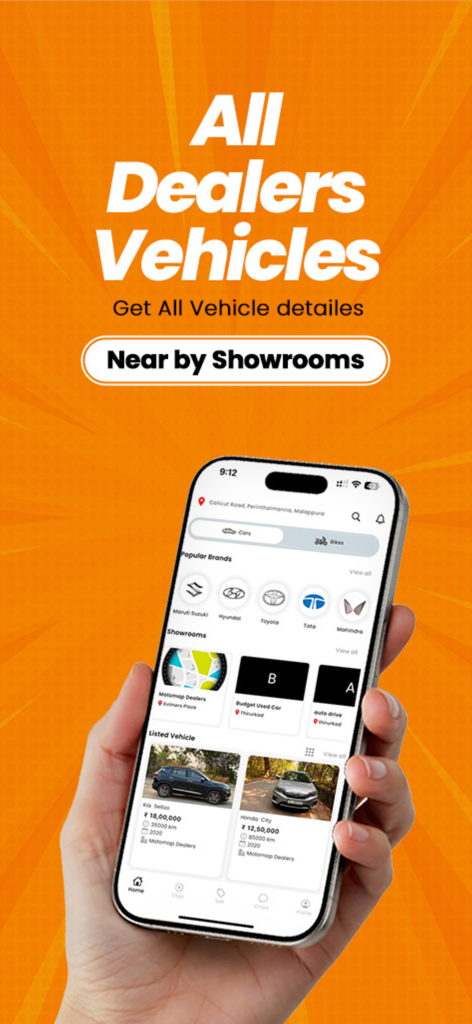 Motomap:Find Used Cars & Bikes - Interfaz de la aplicación Motomap que muestra anuncios de coches y motos de segunda mano de concesionarios cercanos