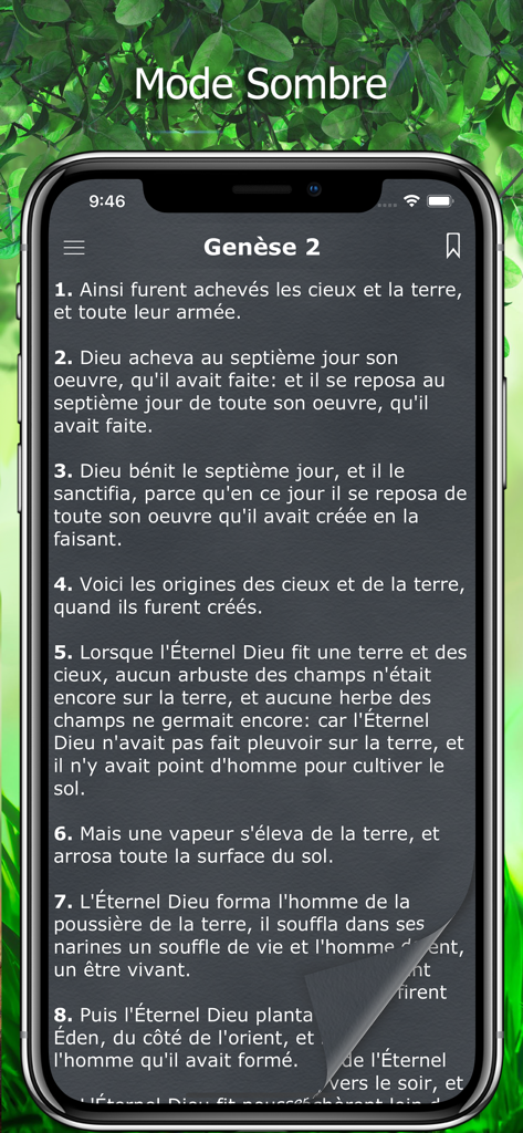 La Bible Traduction par Segond - Screenshot of the Louis Segond French Bible app interface in dark mode showing Genesis chapter two