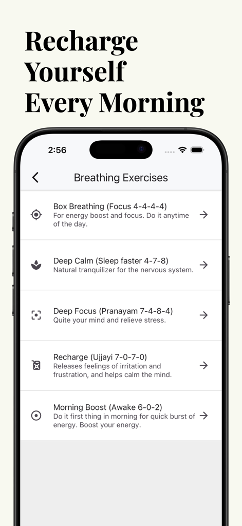 Une liste d'exercices de respiration guidée dans l'application Motivational Quotes Daily, y compris la respiration en boîte et le coup de pouce matinal