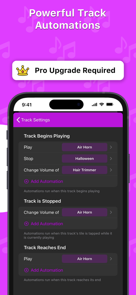 Interfaccia dell'app Soundboard Studio che mostra le impostazioni professionali di automazione delle tracce per trigger come l'inizio o l'interruzione della riproduzione della traccia