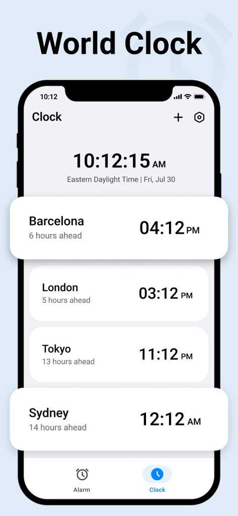 Clock - Wake Up Gently - Minimalistische Weltzeituhr-Oberfläche, die die Lokalzeiten verschiedener globaler Städte anzeigt, darunter Barcelona, London, Tokio und Sydney.