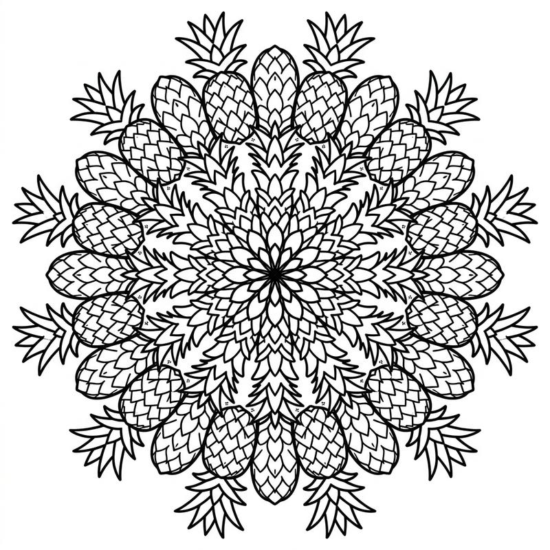 Unwind with this captivating Pineapple Mandala coloring page, a perfect blend of tropical charm and intricate design. Its radial symmetry and delightful pineapple patterns promise a relaxing and creatively satisfying experience for all ages.