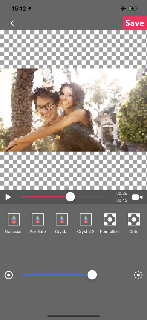 MovStash - Blur Video Editor - Interface of the MovStash app showing a video with a blur effect and multiple filter options like Pixellate and Crystal