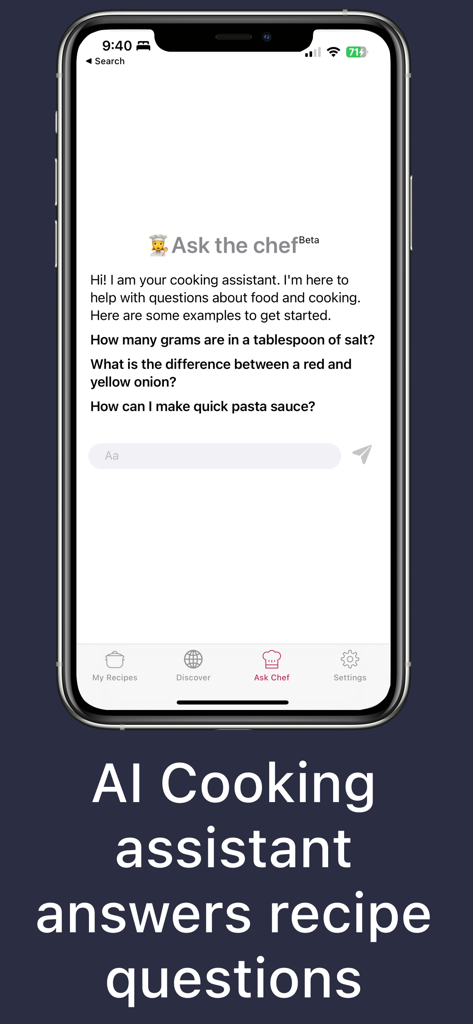 Recipe Box Cookbook: ClipDish - ClipDish App KI-Kochassistent-Oberfläche mit einem Chat für Rezeptfragen
