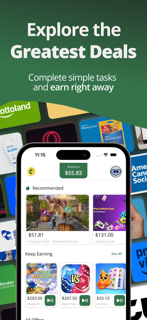 myCashery: Earn Money - Interfaz de la aplicación myCashery que muestra varias tareas y el saldo de recompensas ganadas