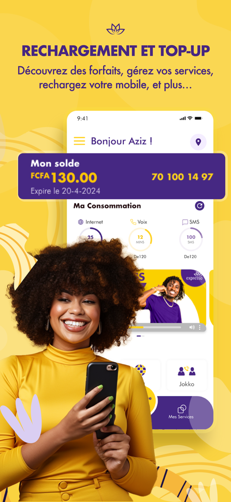Interfaz de la aplicación My Expresso Senegal que muestra el saldo de la cuenta y el uso de datos, voz y SMS