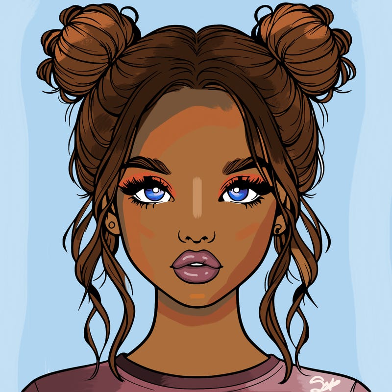 realistic girl with two buns in hair and lips