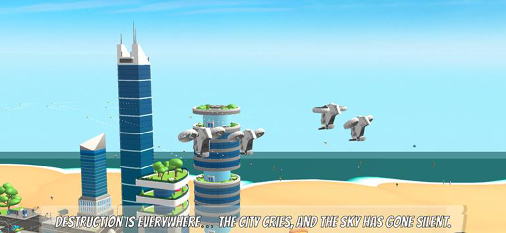 Wings of the City - Sky Hero - A high-rise city skyline with futuristic drones flying near a beach