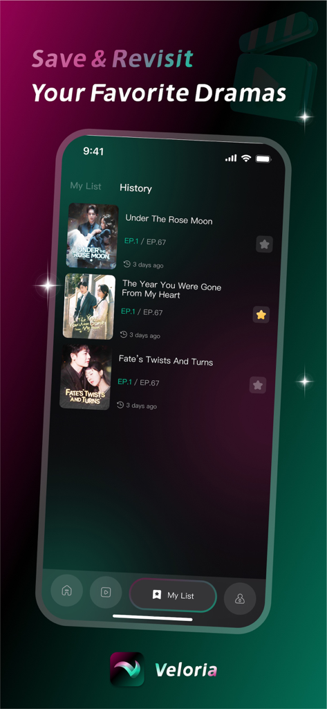 Veloria - Tales in a Blink - Veloria mobile app interface displaying a watch history list of romantic short form drama series