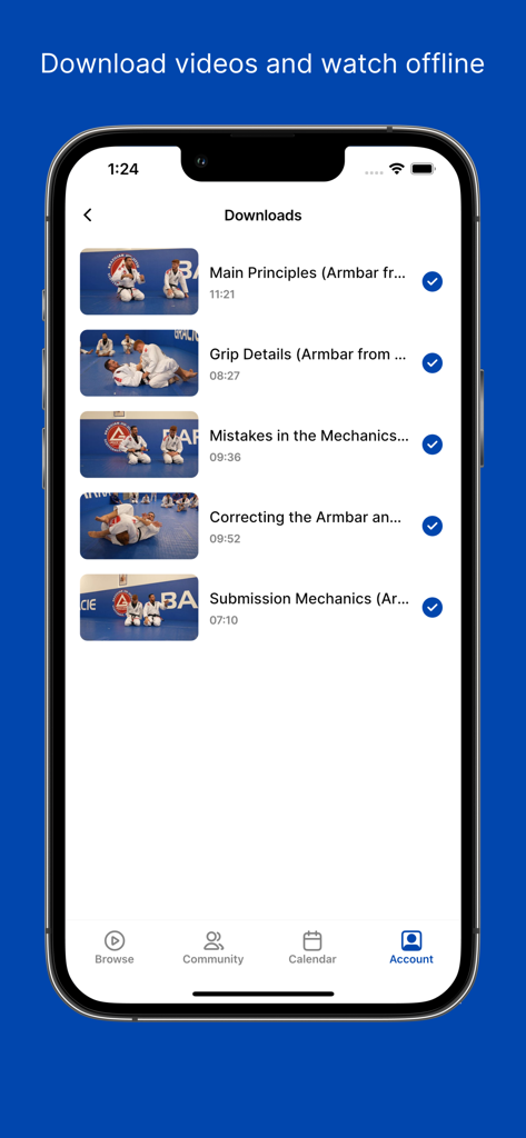 Gracie Barra Online app interface showing a list of downloaded BJJ technique videos for offline viewing