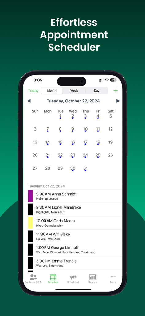 Salon appointment scheduler calendar view in the MyChair app