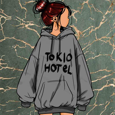 realistic girl with a oversized sweatshirt on and a bun