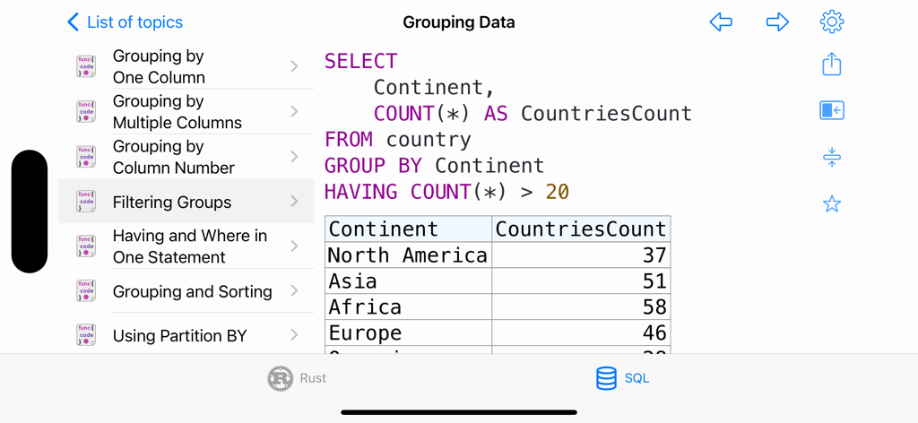 Rust Recipes - SQL code example for grouping and filtering data in the Rust Recipes app