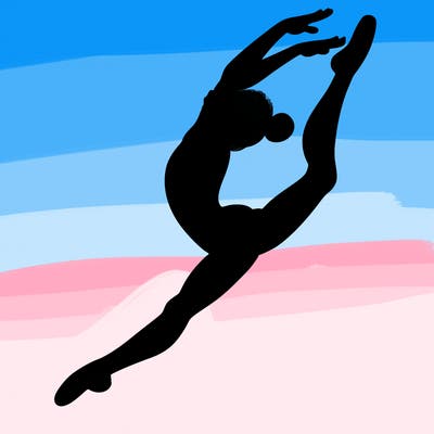 gymnast doing a leap in a leotard with a bent back leg