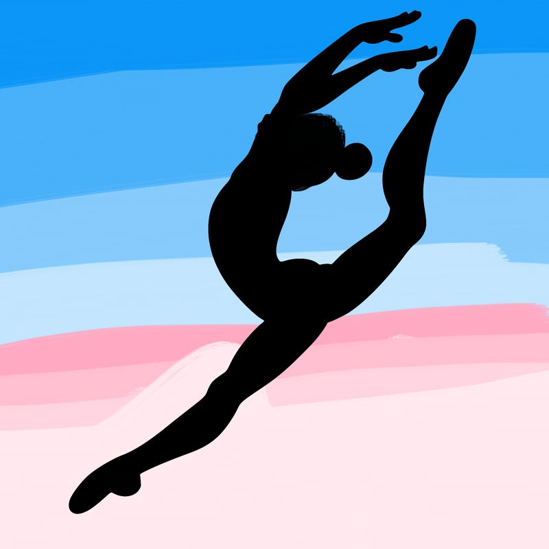 gymnast doing a leap in a leotard with a bent back leg