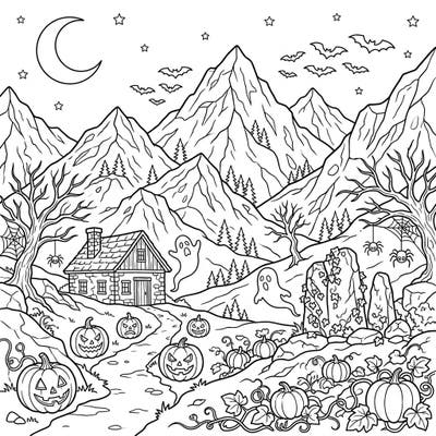 Embark on a unique coloring adventure with this Alpine Mountains Halloween scene! Bring to life spooky peaks, flying bats, and grinning jack-o'-lanterns for a frightfully creative experience.
