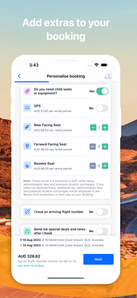 렌터카에 카시트 및 GPS 추가 옵션을 보여주는 VroomVroomVroom 앱의 예약 맞춤 설정 화면