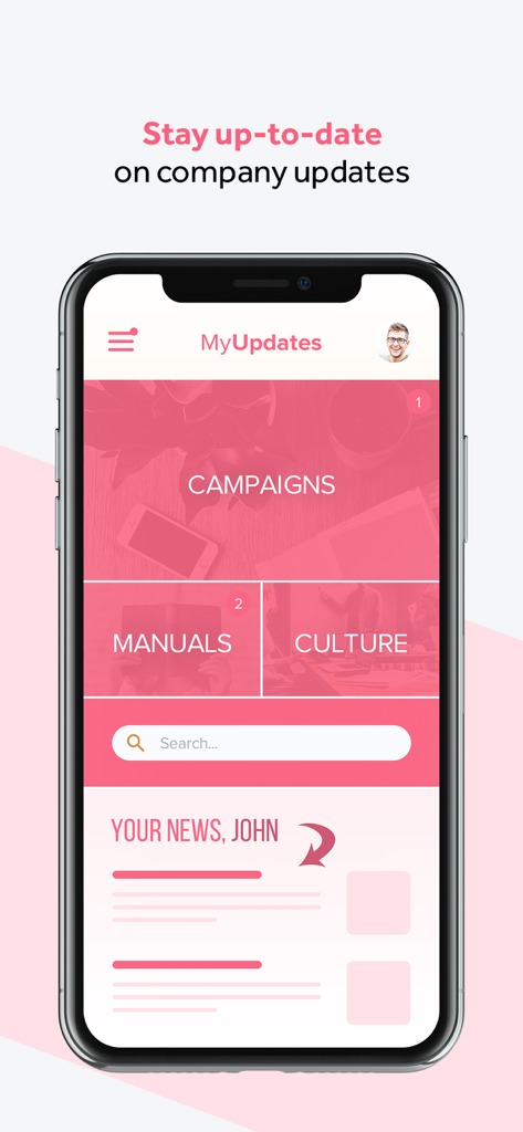 Actimo mobile app dashboard showing company updates campaigns and manuals