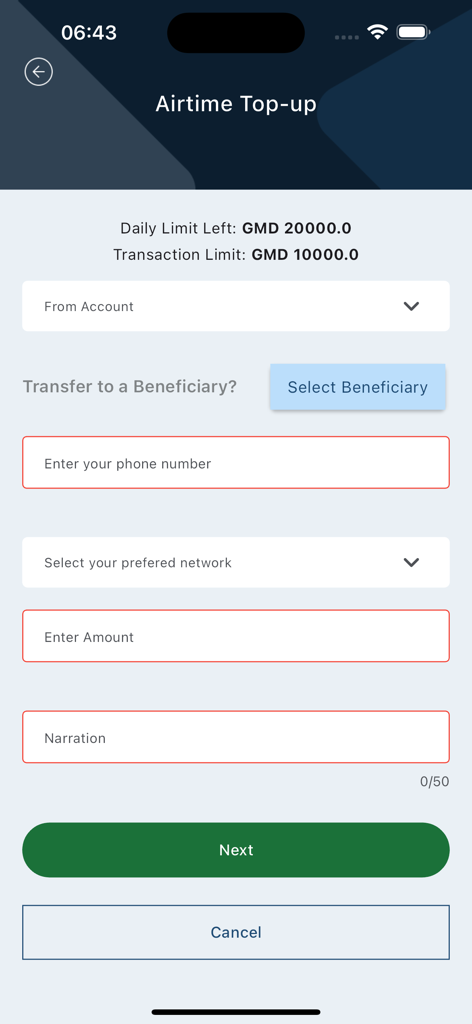 Bloom Bank Mobile - Bloom Bank Mobile app airtime top-up screen showing fields for phone number network selection and amount in Gambian Dalasi