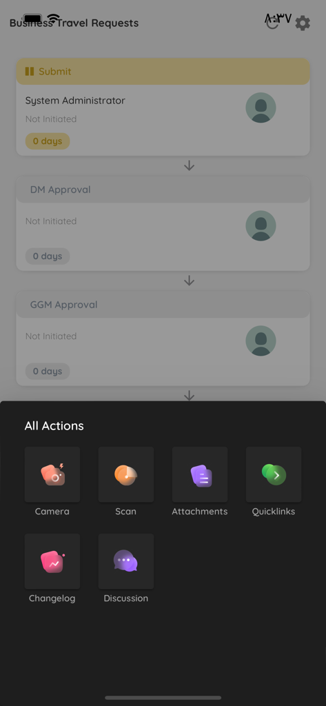 SpectroNova App-Oberfläche zeigt Geschäftsreise-Genehmigungsschritte und Symbolleisten für Aktionsmenüs