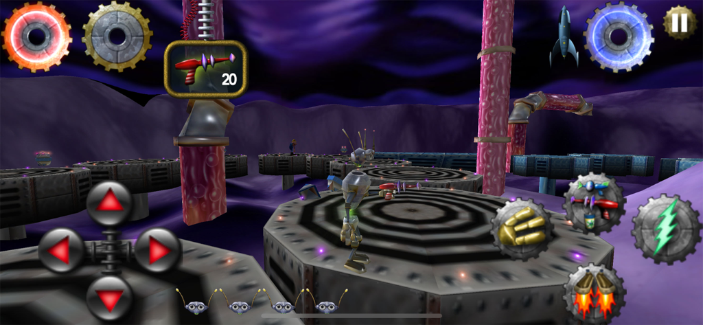 Otto Matic robot standing on a metal platform in a 3D sci-fi level with virtual buttons and a ray gun weapon interface.