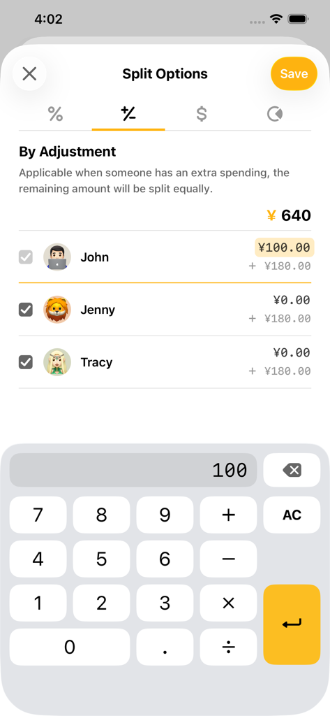 Bill Bear app interface showing expense splitting by individual adjustment with a built-in calculator