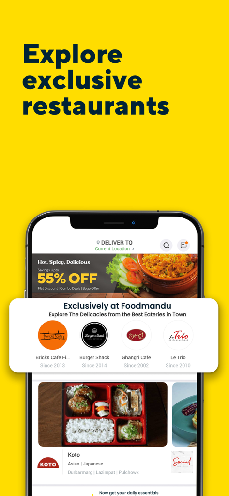 A mobile app screen for Foodmandu showing exclusive restaurant partners and promotional food delivery deals on a yellow background.