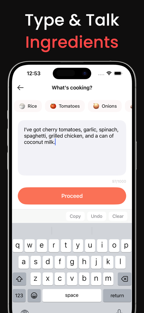 AI Recipe - Cooking Ideas - AI調理レシピを生成するために食材をリストするためのテキスト入力フィールドが表示されたモバイルアプリ画面。