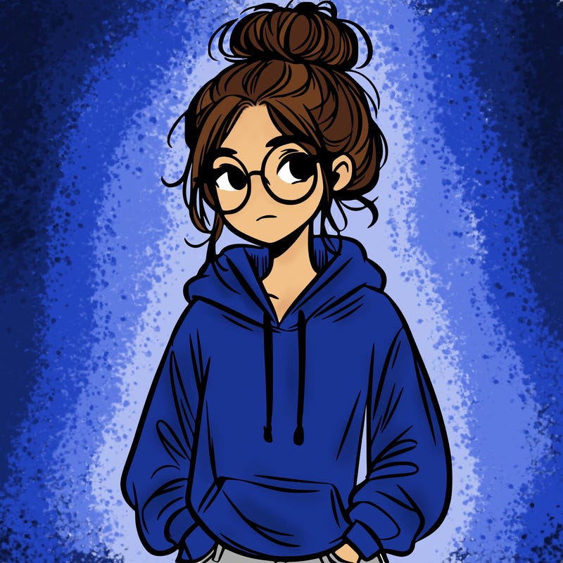 teen girl with a messy bun and glasses wearing a loose hoodie and jeans