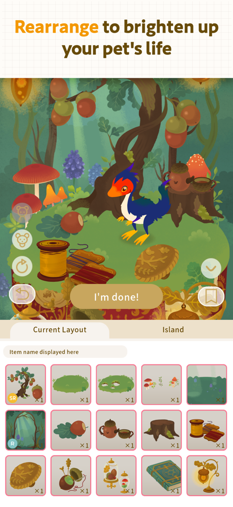 Livly Island - Adopt Cute Pets - Customizing a whimsical forest island with a bird like pet and various decorative items in the Livly Island app.
