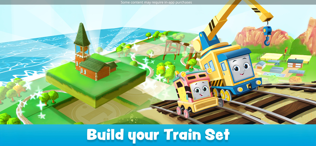 Thomas & Friends: Magic Tracks - 아이들이 건물과 철도로 자신만의 기차 세트를 건설하고 꾸미는 모습을 보여주는 토마스와 친구들 마법의 철도의 화려한 게임 장면.