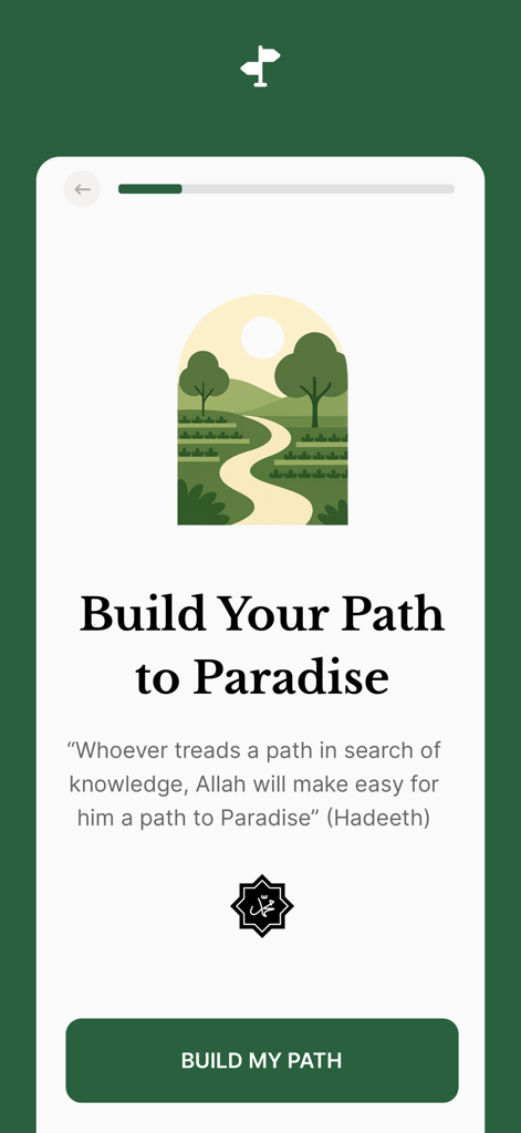 Onboarding screen of the Jibreel app featuring an illustration of a winding path and the heading Build Your Path to Paradise.