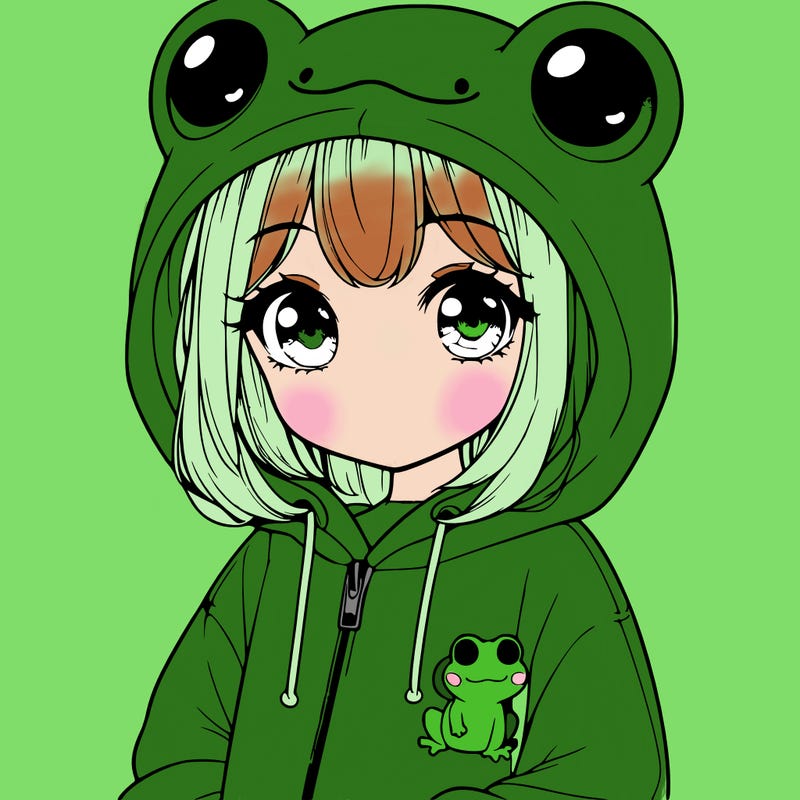 cute realistic girl in a froggy hoodie