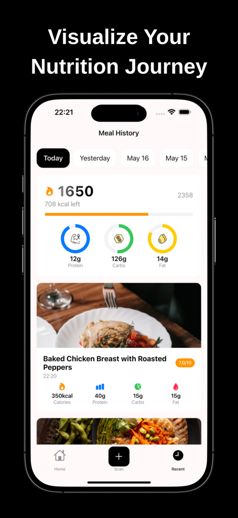 Calo: Calorie Tracker - Meal history dashboard in the Calo app showing daily calorie and macro intake