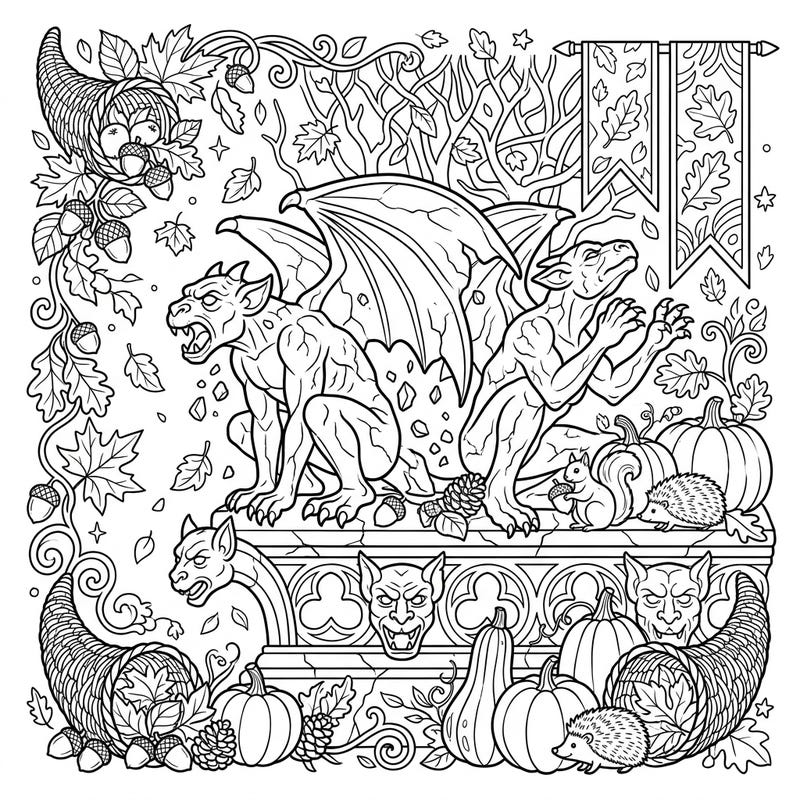 Discover a captivating coloring page where ancient gargoyles awaken amidst the golden hues of autumn. This intricate design blends mystical creatures with bountiful harvest imagery, offering a unique artistic challenge.