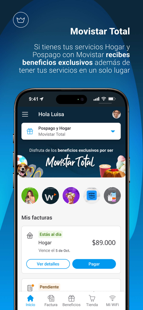 Captura de pantalla de la aplicación Mi Movistar Colombia que muestra opciones de facturación de cuenta y gestión de servicios.