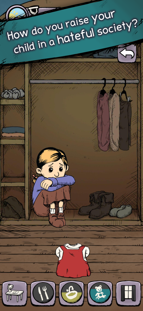My Child Lebensborn - A sad young girl sits curled up inside a wooden wardrobe in the game My Child Lebensborn