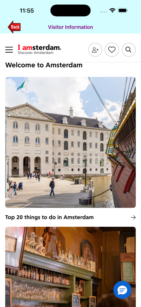 암스테르담 여행 앱 인터페이스, 방문자 정보 및 도시에서 해야 할 상위 20가지 활동 목록 표시